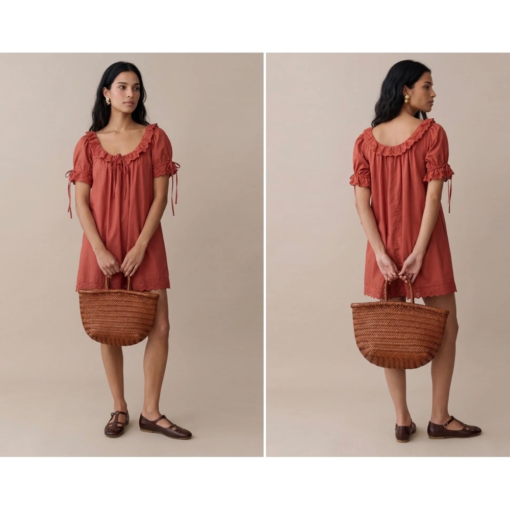 Kourt Juliet Rust Orange Eyelet Cotton Babydoll Mini Dress Size Small